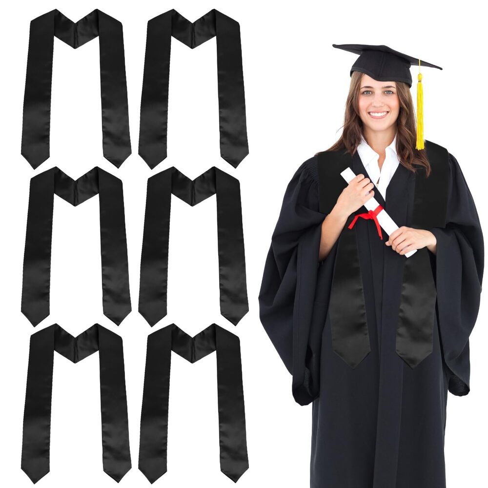 3254 Graduation Stole 2025, 6 Pcs 70" Black Plain Graduation Honor Stole